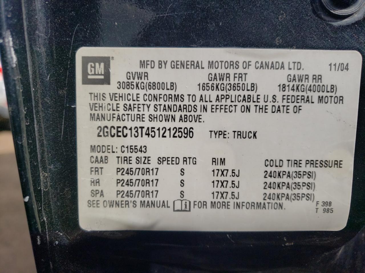 Photo 10 from auction – 2005 CHEVROLET SILVERADO with VIN 2GCEC13T451212596