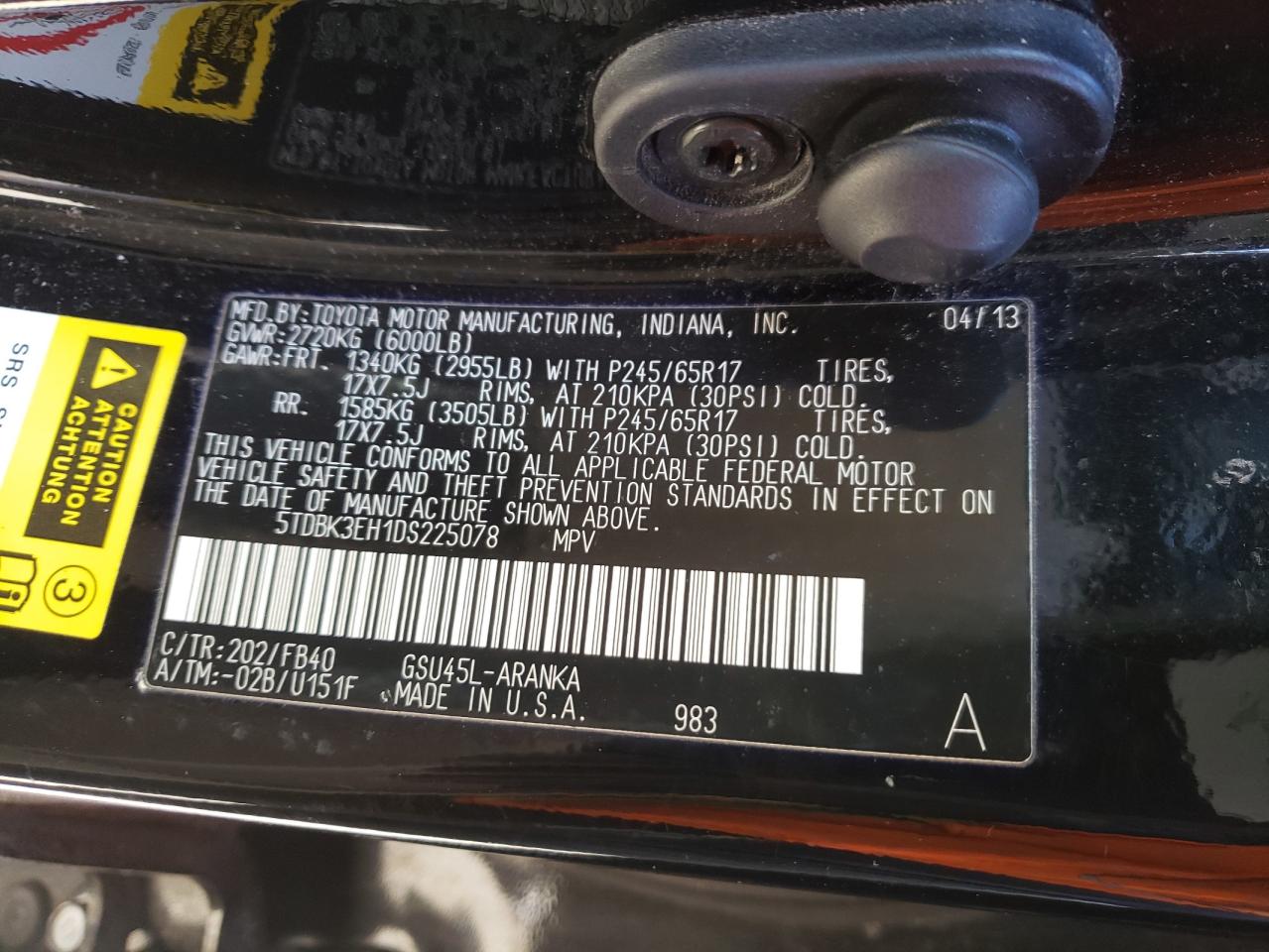 Photo 10 from auction – 2013 TOYOTA HIGHLANDER with VIN 5TDBK3EH1DS225078