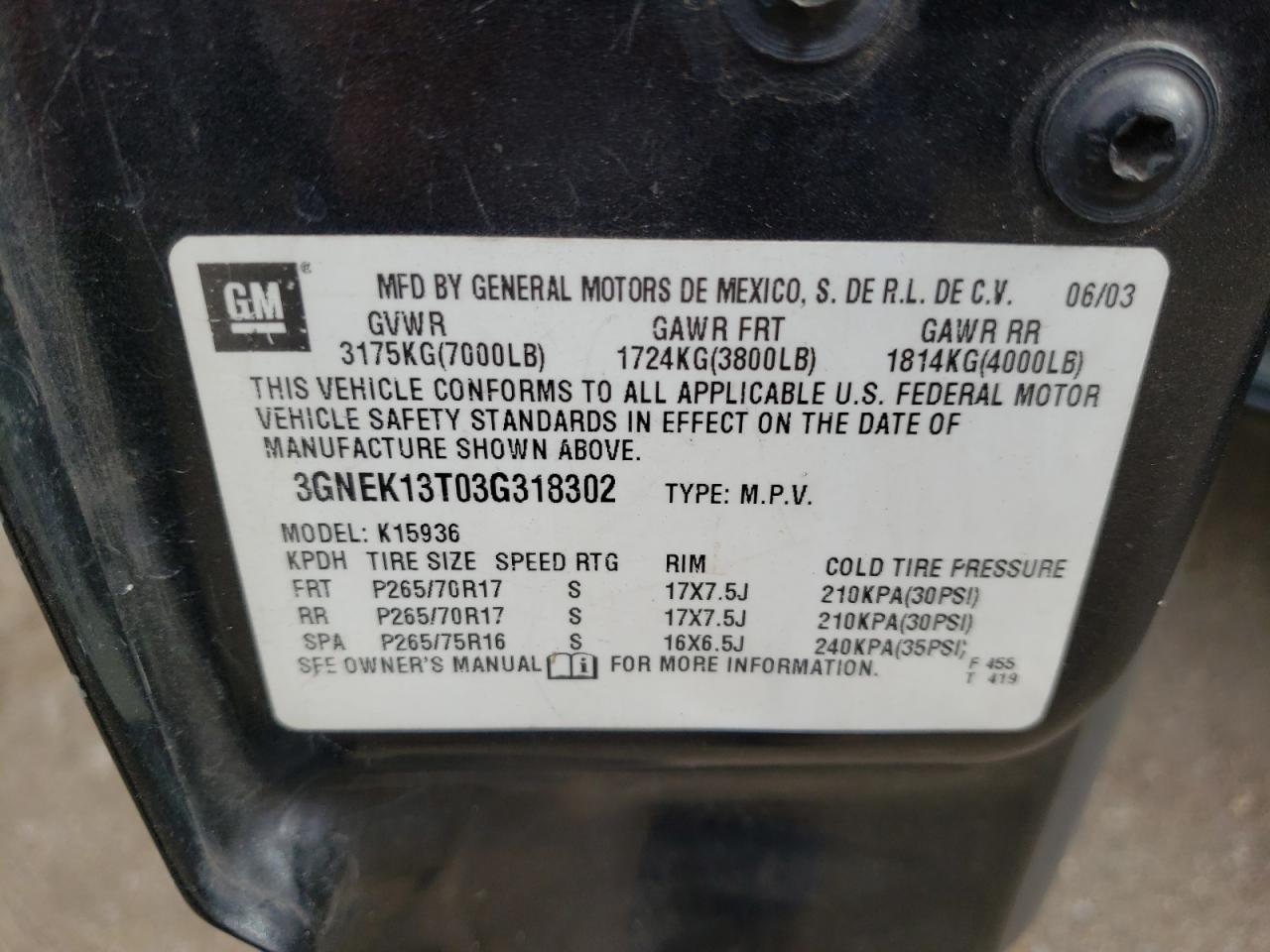 Photo 10 from auction – 2003 CHEVROLET AVALANCHE with VIN 3GNEK13T03G318302