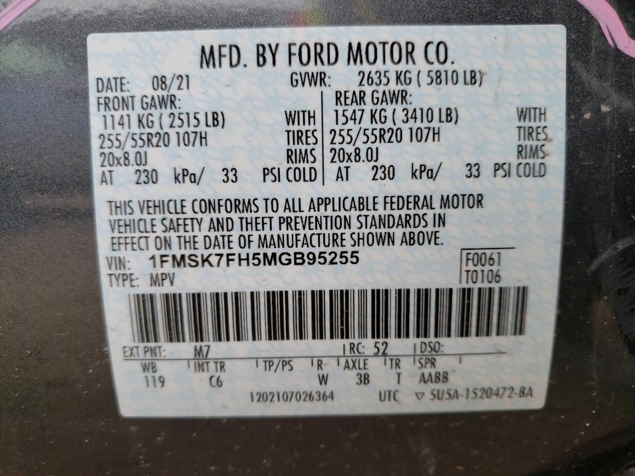 Photo 10 from auction – 2021 FORD EXPLORER L with VIN 1FMSK7FH5MGB95255