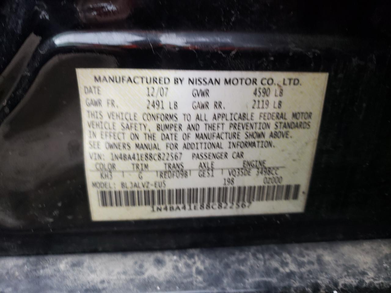 Photo 10 from auction – 2008 NISSAN MAXIMA SE with VIN 1N4BA41E88C822567
