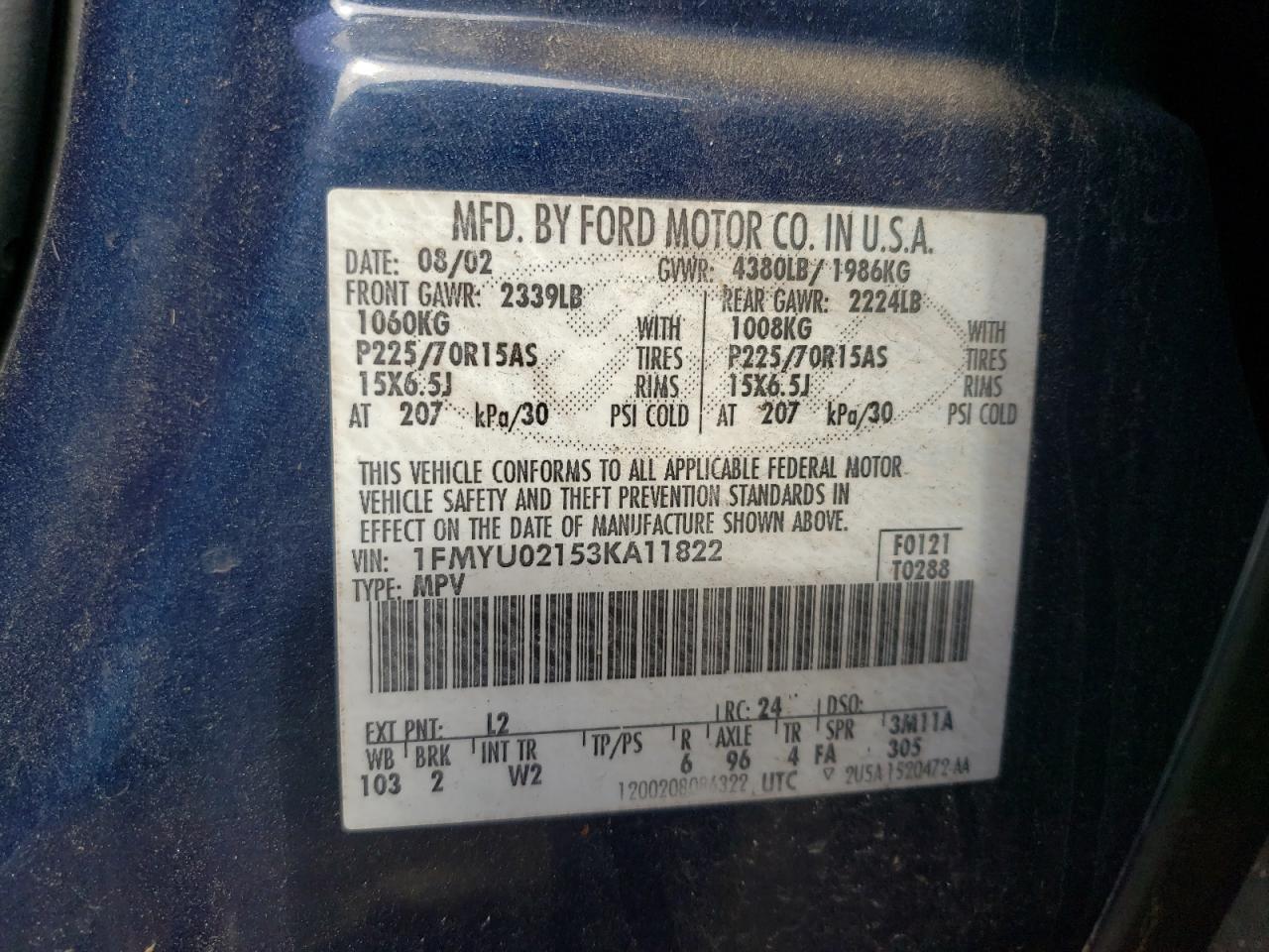 Photo 10 from auction – 2003 FORD ESCAPE XLS with VIN 1FMYU02153KA11822