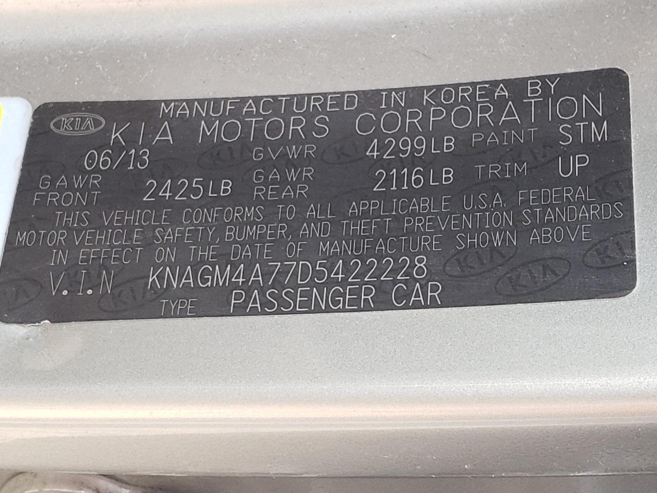 Photo 10 from auction – 2013 KIA OPTIMA LX with VIN KNAGM4A77D5422228