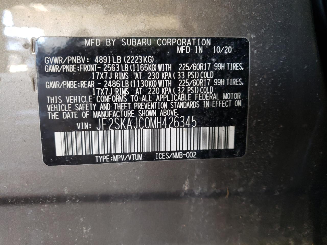 Photo 10 from auction – 2021 SUBARU FORESTER P with VIN JF2SKAJC0MH426345