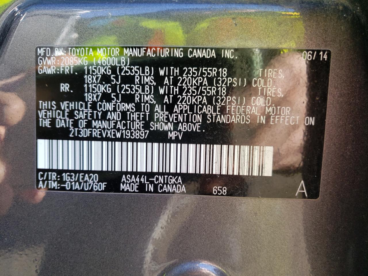Photo 10 from auction – 2014 TOYOTA RAV4 LIMIT with VIN 2T3DFREVXEW193897