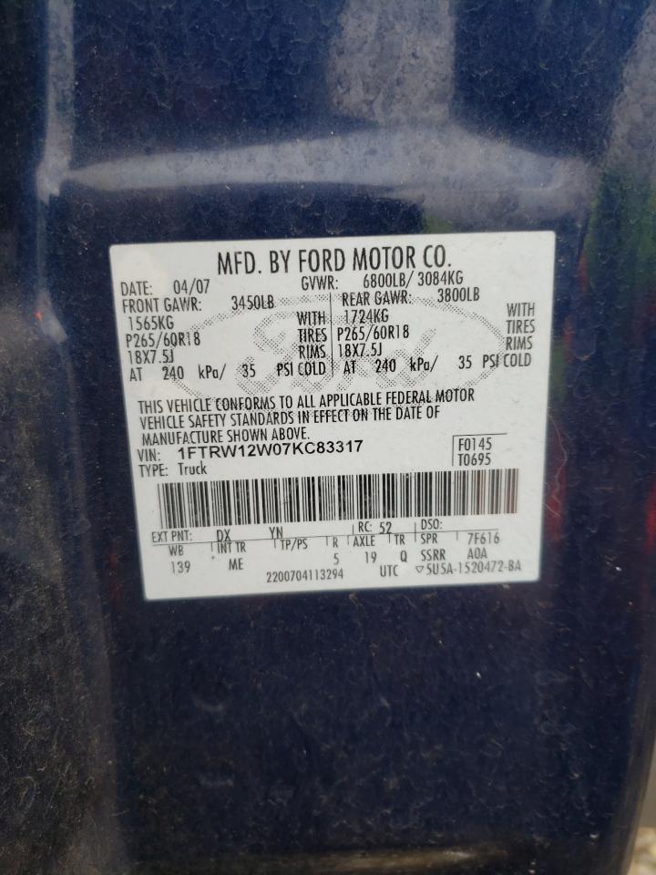 Photo 10 from auction – 2007 FORD F150 SUPER with VIN 1FTRW12W07KC83317