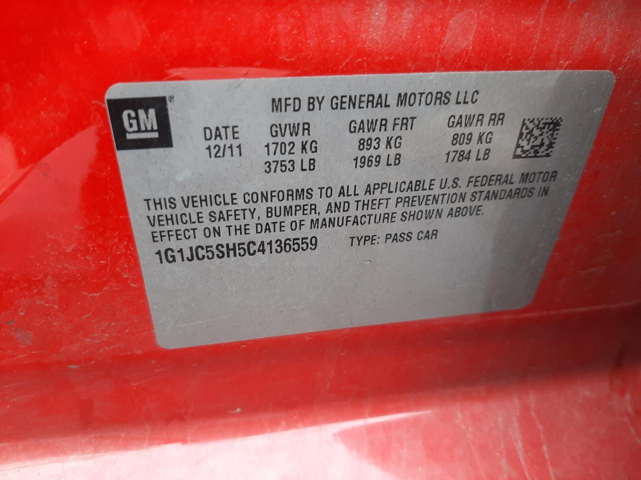 Photo 10 from auction – 2012 CHEVROLET SONIC LT with VIN 1G1JC5SH5C4136559
