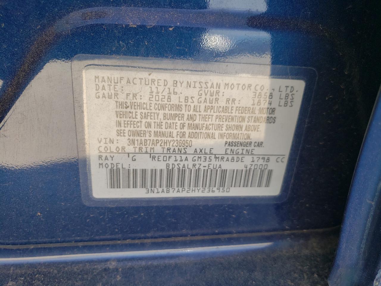 Photo 10 from auction – 2017 NISSAN SENTRA S with VIN 3N1AB7AP2HY236950