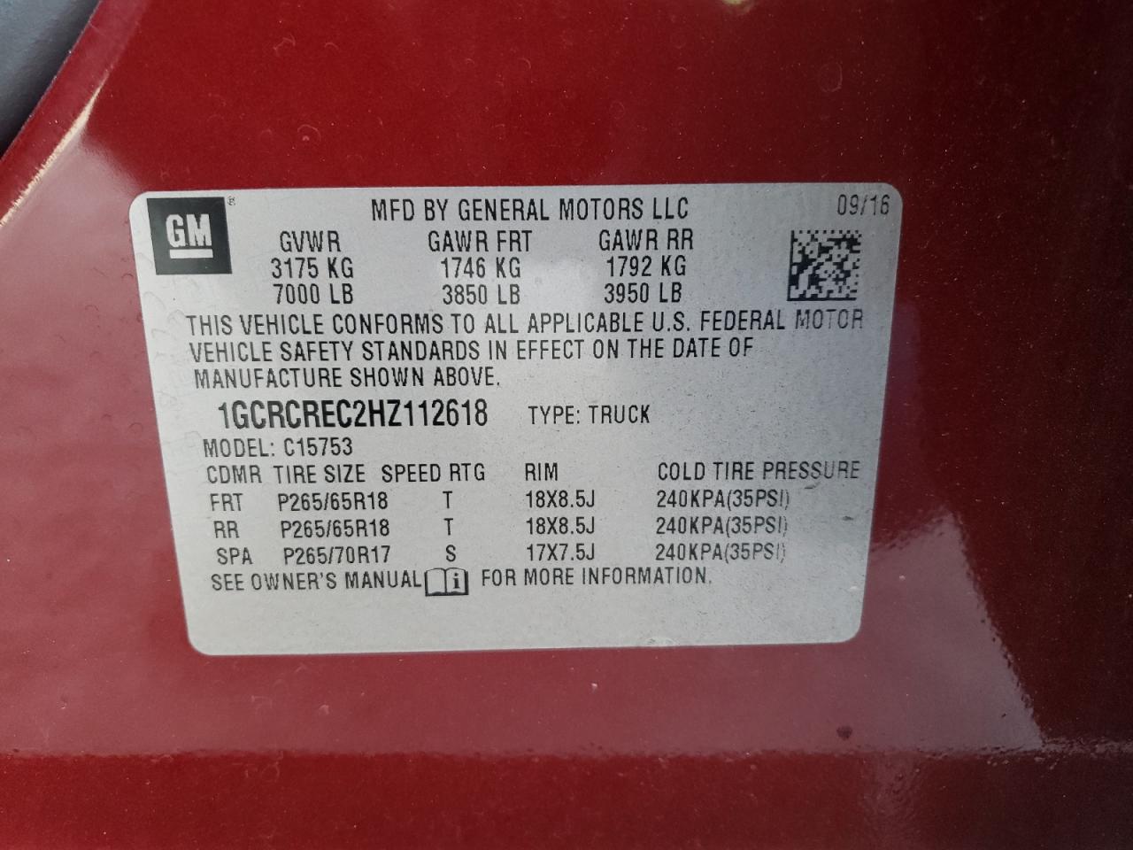 Photo 10 from auction – 2017 CHEVROLET SILVERADO with VIN 1GCRCREC2HZ112618