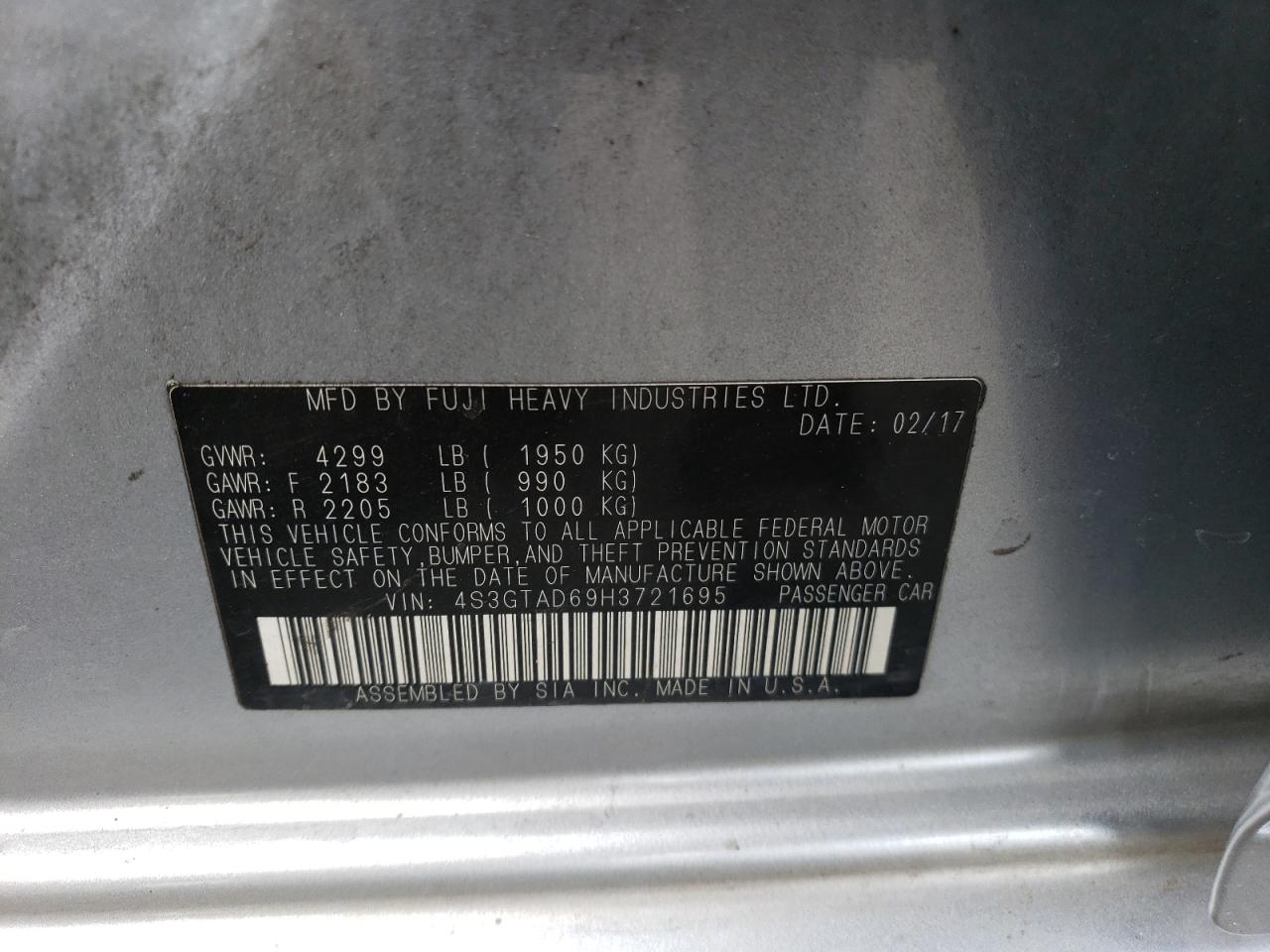 Photo 10 from auction – 2017 SUBARU IMPREZA PR with VIN 4S3GTAD69H3721695