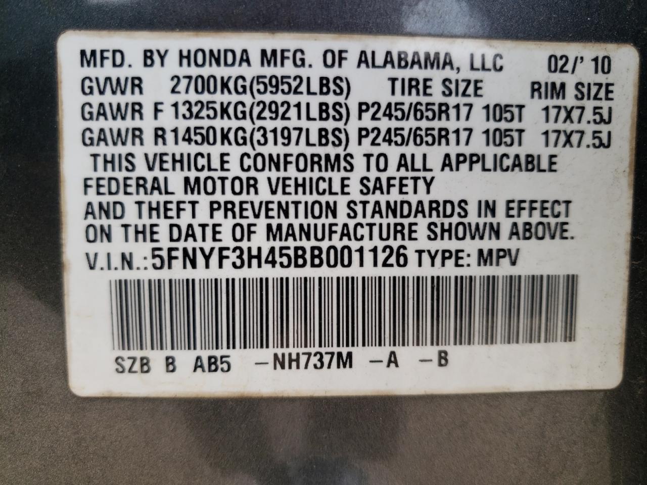 Photo 10 from auction – 2011 HONDA PILOT EX with VIN 5FNYF3H45BB001126