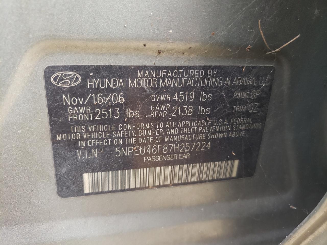 Photo 10 from auction – 2007 HYUNDAI SONATA SE with VIN 5NPEU46F87H257224