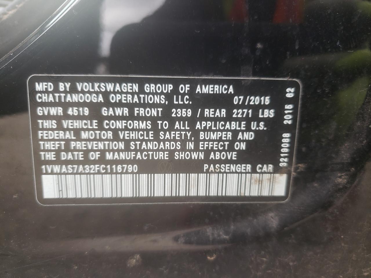 Photo 10 from auction – 2015 VOLKSWAGEN PASSAT S with VIN 1VWAS7A32FC116790