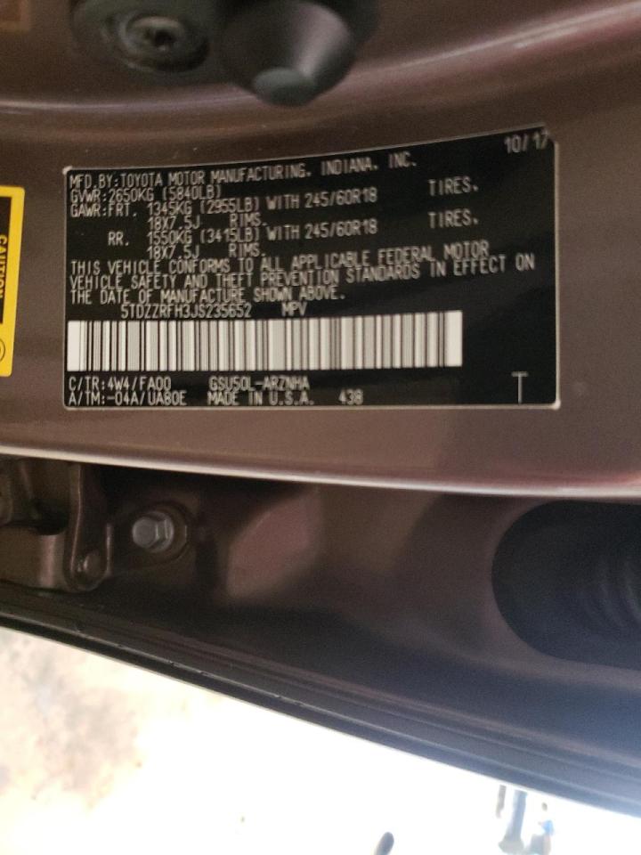 Photo 10 from auction – 2018 TOYOTA HIGHLANDER with VIN 5TDZZRFH3JS235652
