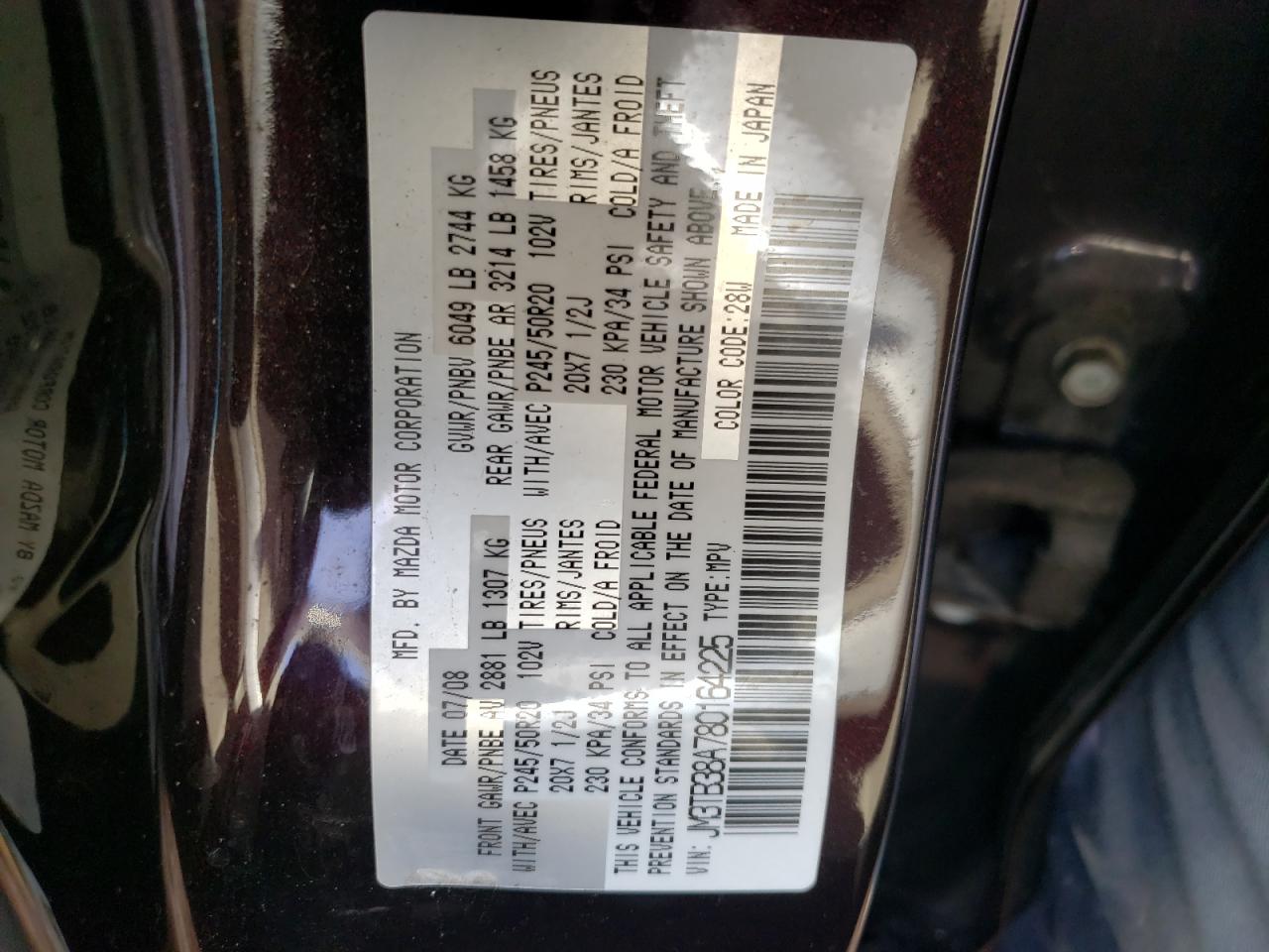 Photo 10 from auction – 2008 MAZDA CX-9 with VIN JM3TB38A780164225
