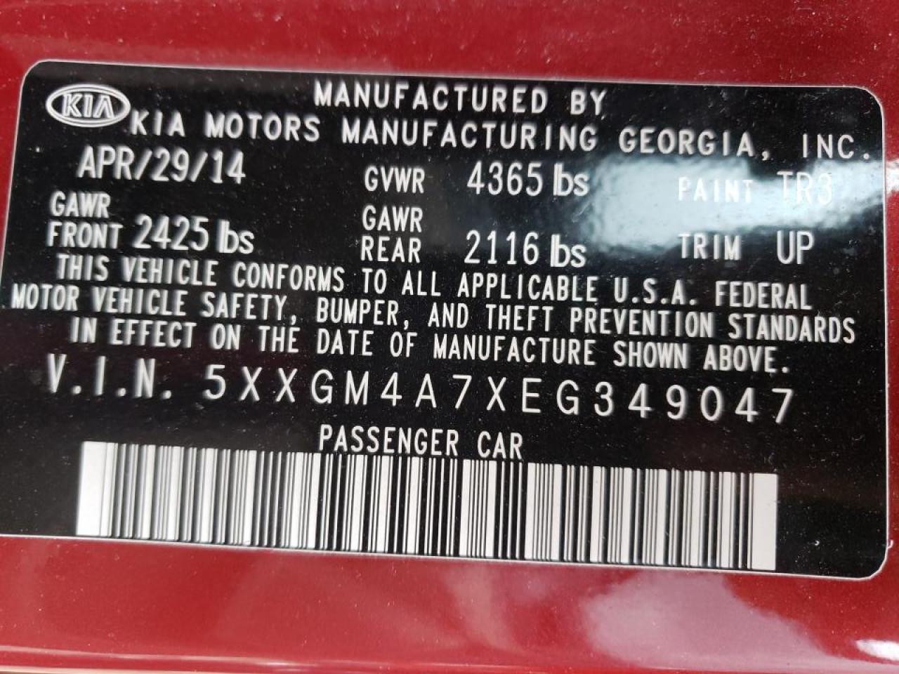 Photo 10 from auction – 2014 KIA OPTIMA LX with VIN 5XXGM4A7XEG349047