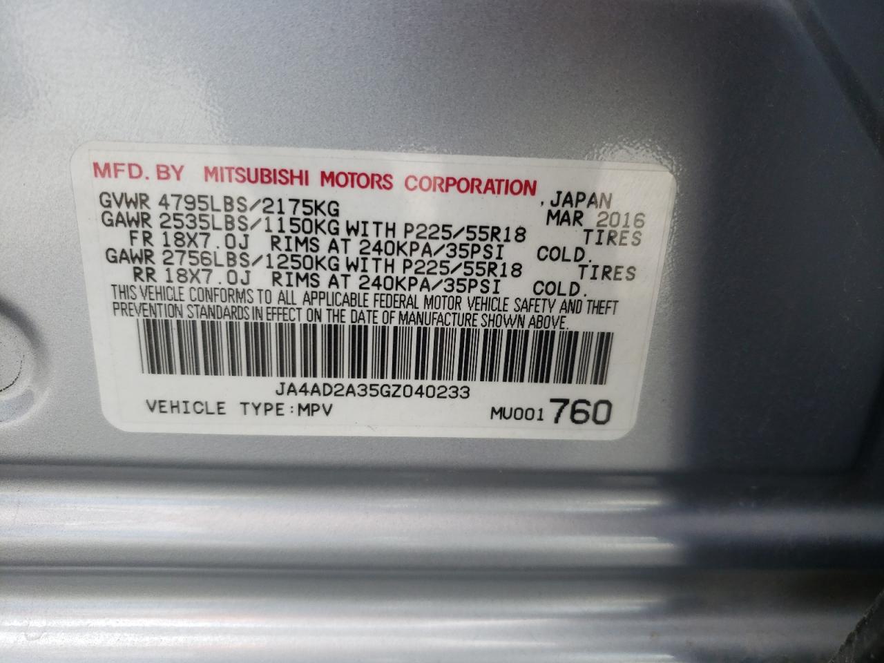 Photo 10 from auction – 2016 MITSUBISHI OUTLANDER with VIN JA4AD2A35GZ040233