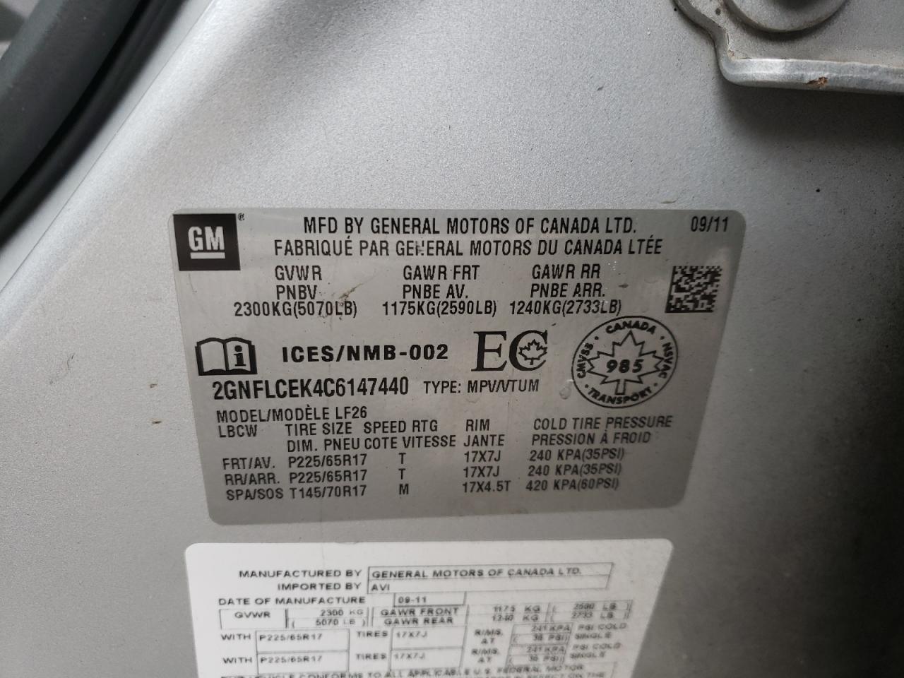 Photo 10 from auction – 2012 CHEVROLET EQUINOX LS with VIN 2GNFLCEK4C6147440