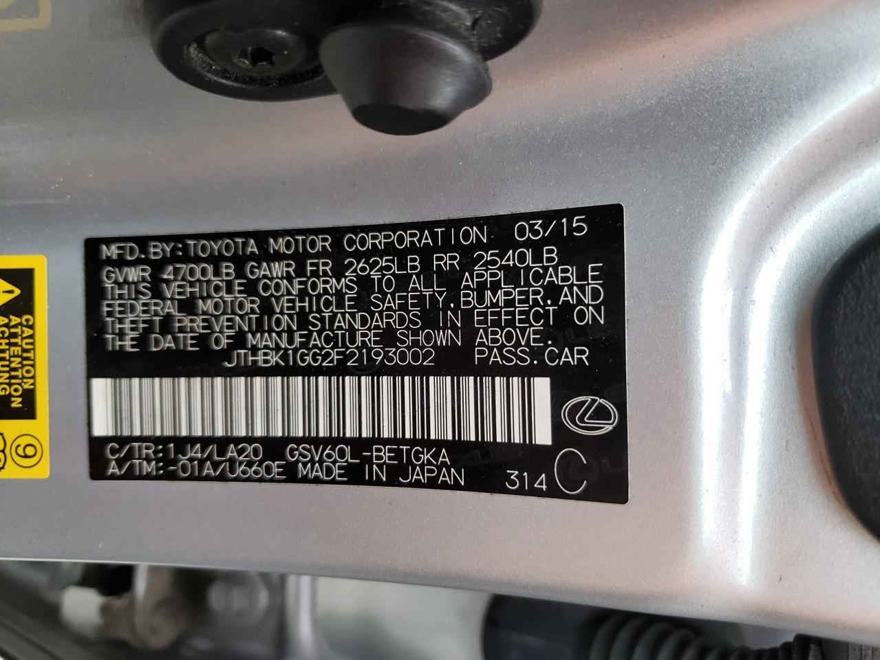 Photo 10 from auction – 2015 LEXUS ES 350 with VIN JTHBK1GG2F2193002