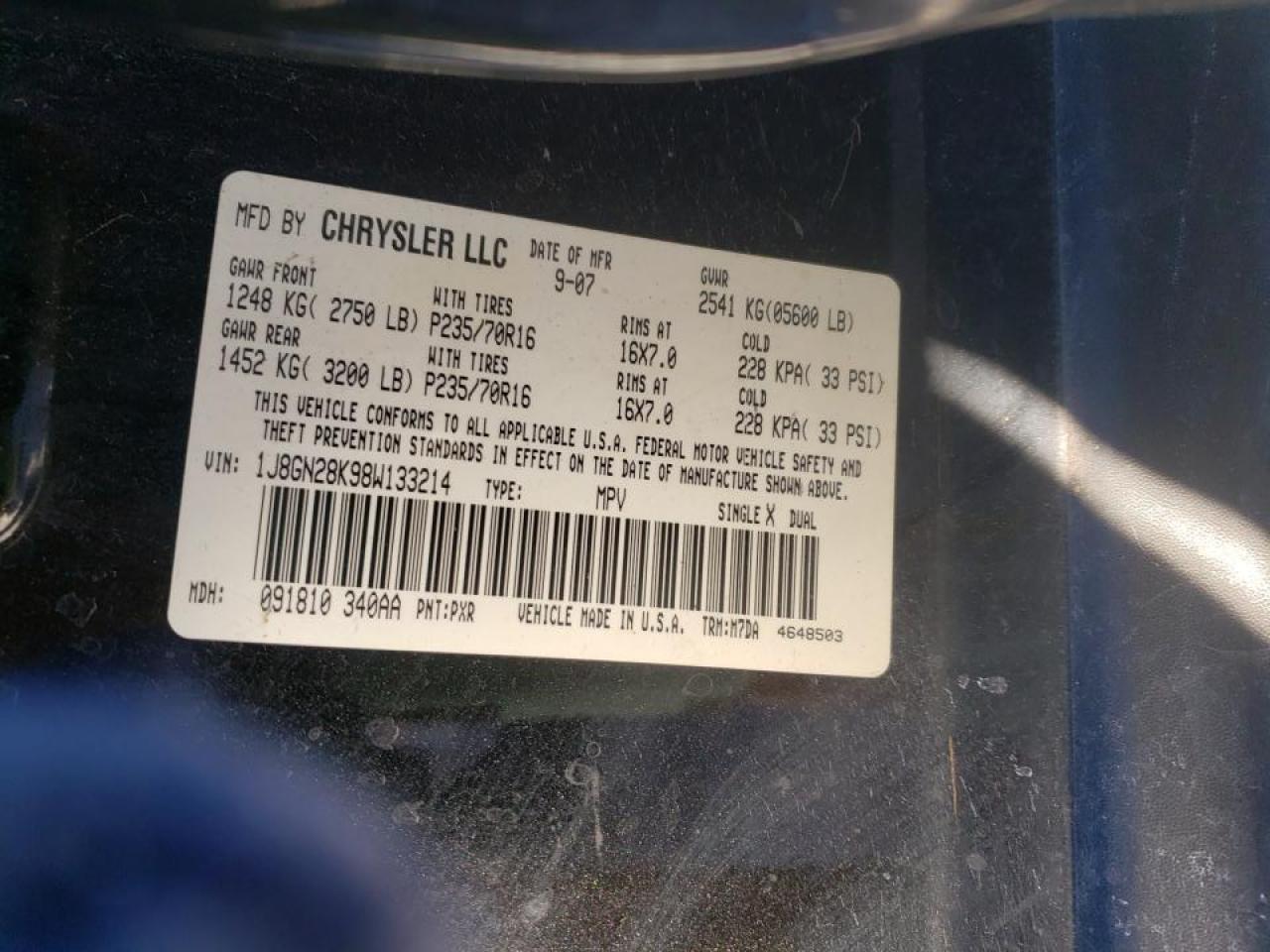 Photo 10 from auction – 2008 JEEP LIBERTY SP with VIN 1J8GN28K98W133214