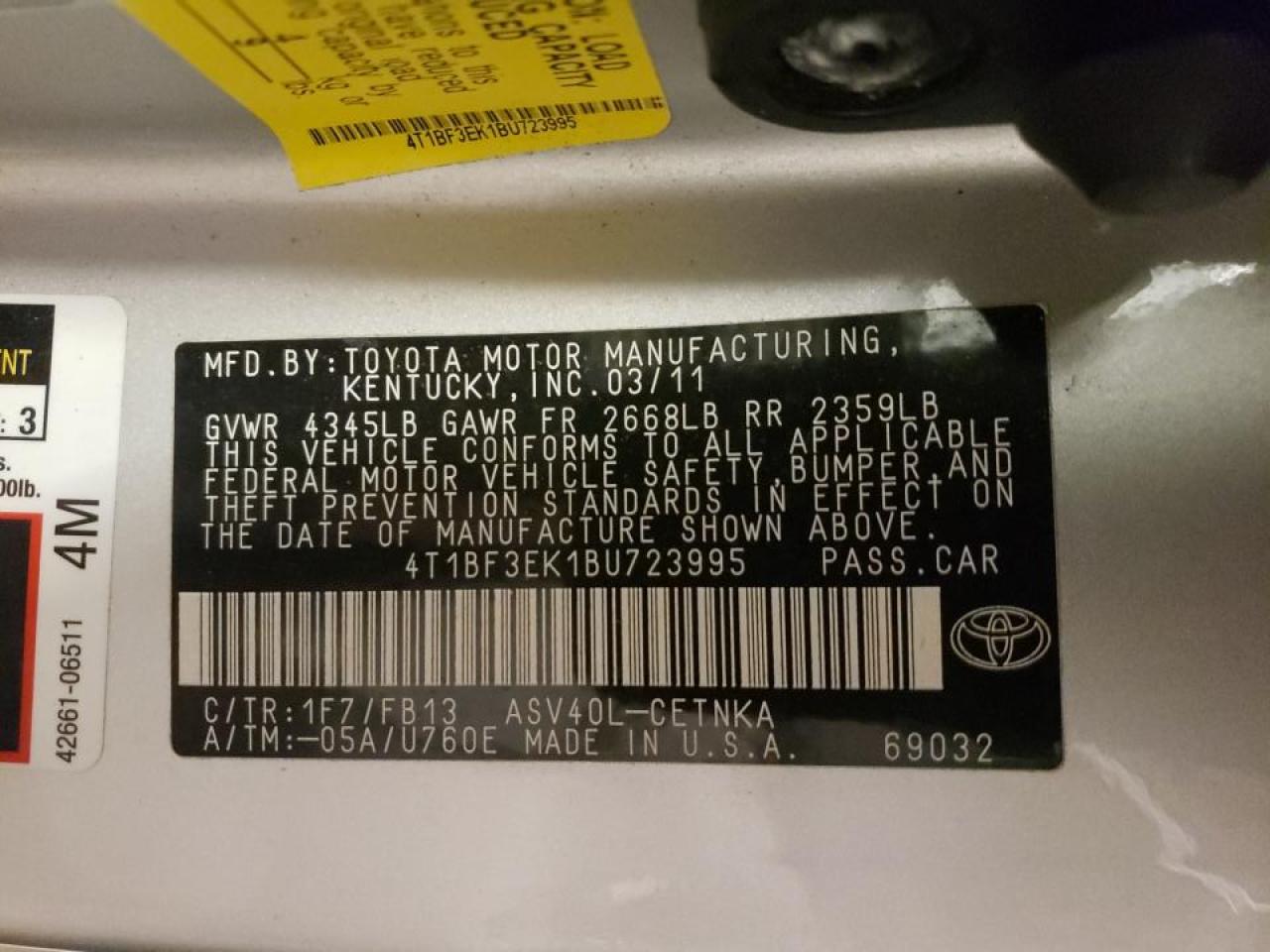 Photo 10 from auction – 2011 TOYOTA CAMRY BASE with VIN 4T1BF3EK1BU723995