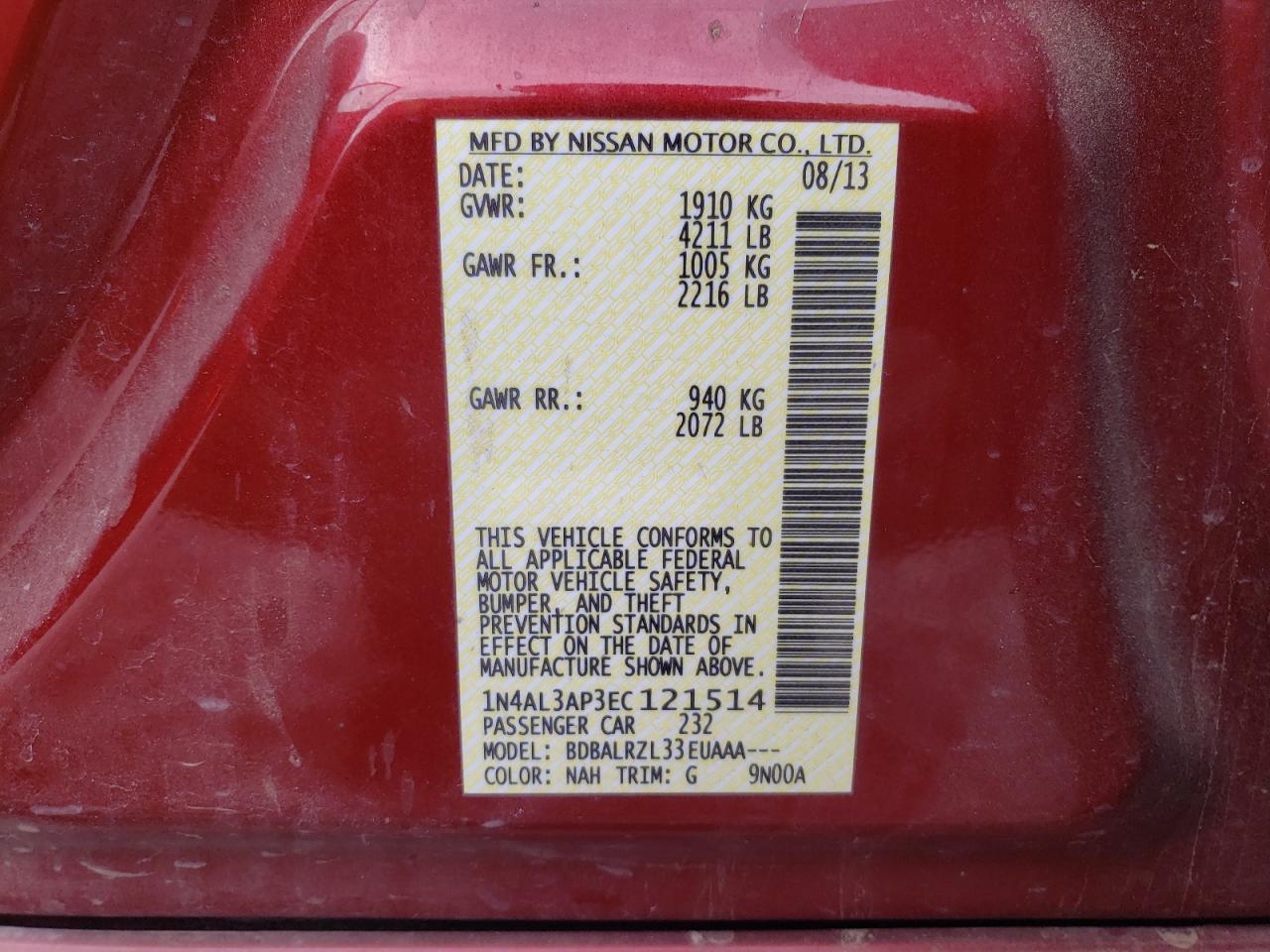 Photo 10 from auction – 2014 NISSAN ALTIMA with VIN 1N4AL3AP3EC121514