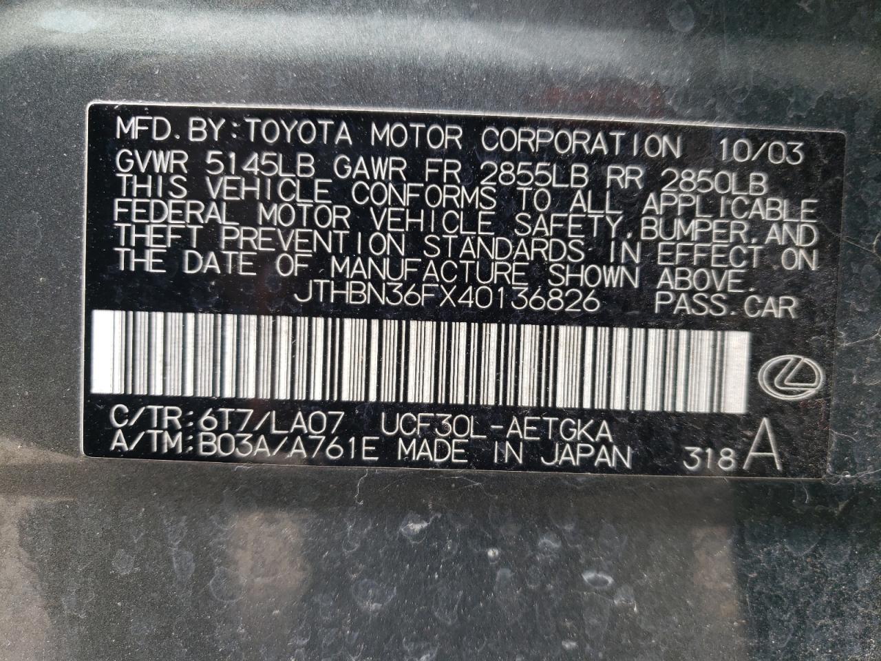 Photo 10 from auction – 2004 LEXUS LS 430 with VIN JTHBN36FX40136826