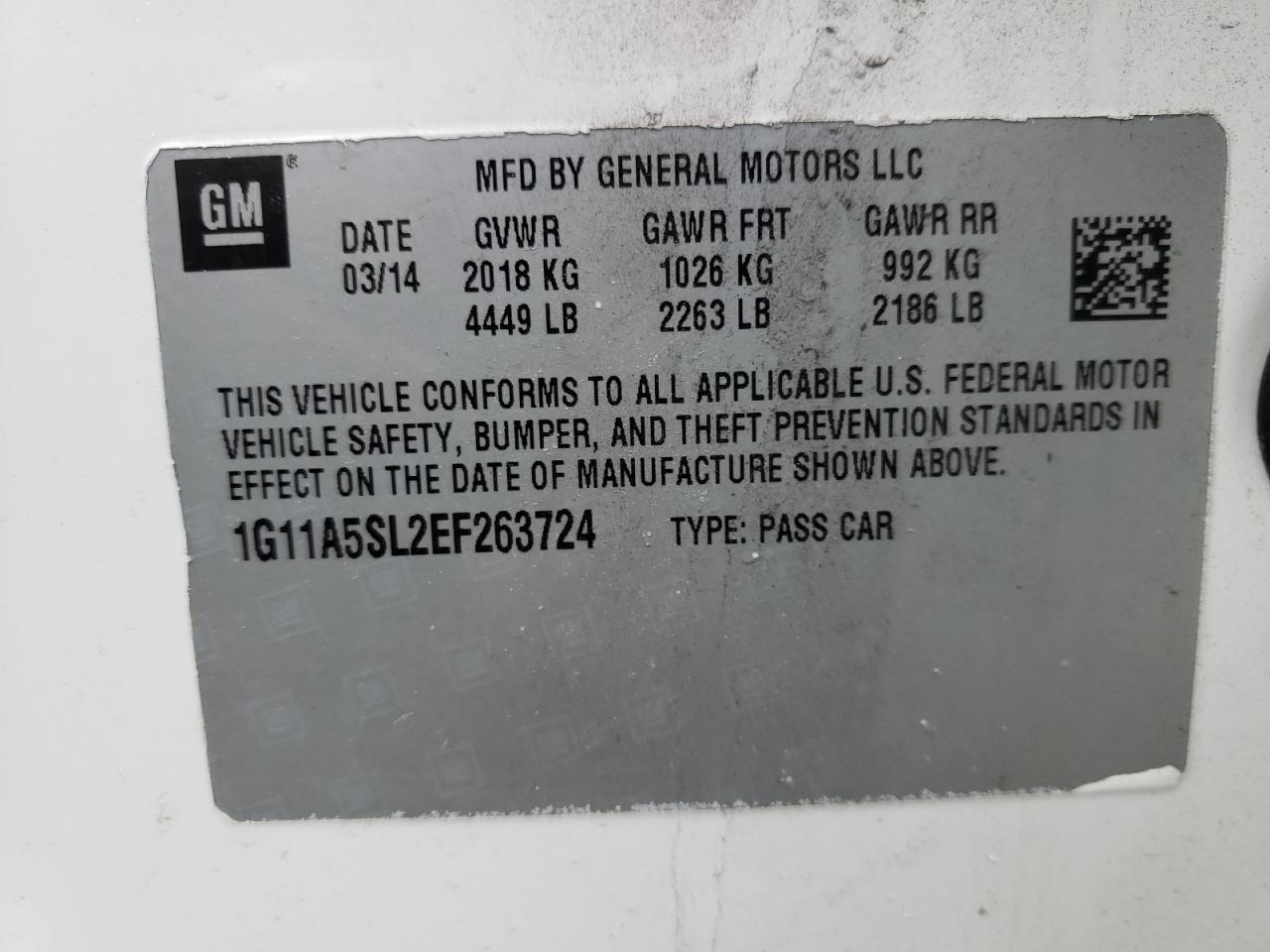 Photo 10 from auction – 2014 CHEVROLET MALIBU LS with VIN 1G11A5SL2EF263724