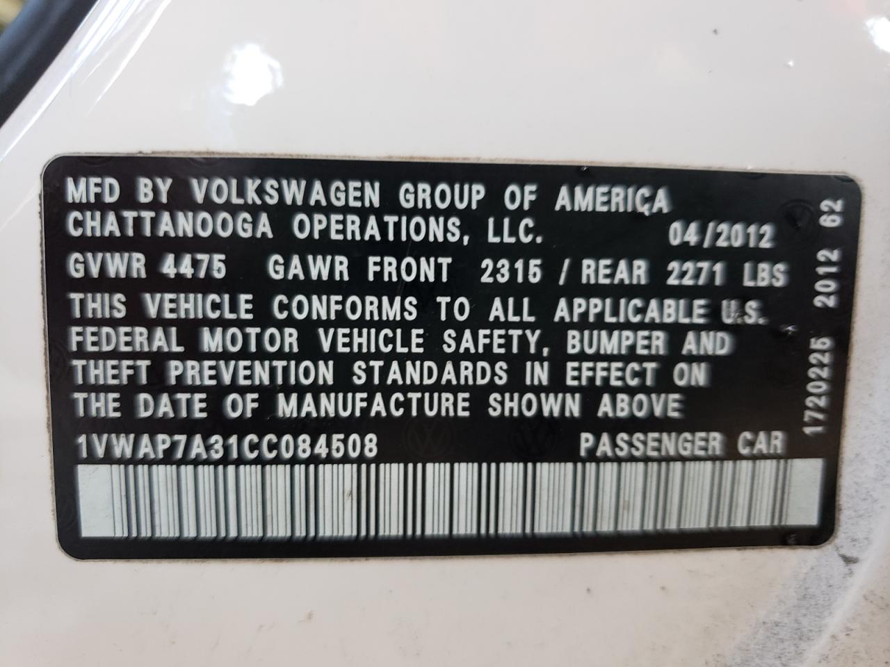 Photo 10 from auction – 2012 VOLKSWAGEN PASSAT S with VIN 1VWAP7A31CC084508