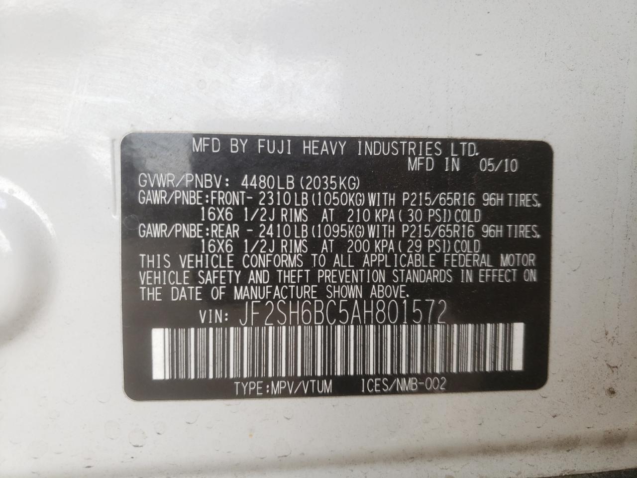 Photo 10 from auction – 2010 SUBARU FORESTER X with VIN JF2SH6BC5AH801572