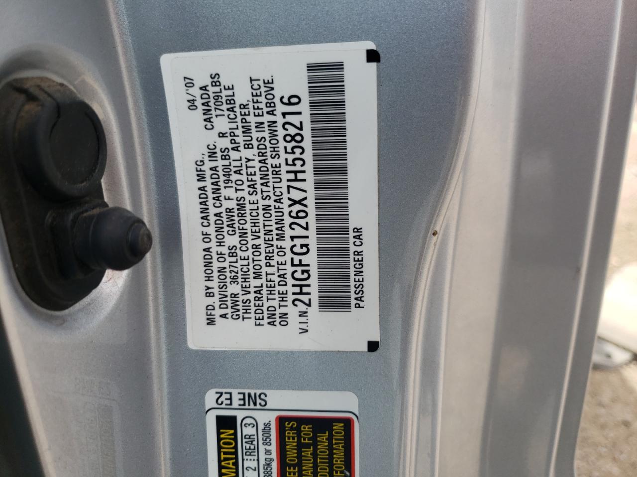 Photo 10 from auction – 2007 HONDA CIVIC with VIN 2HGFG126X7H558216