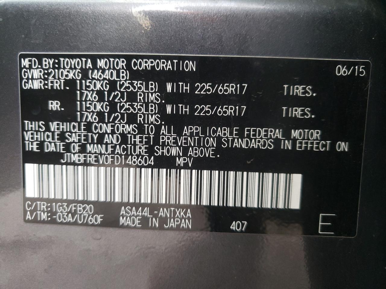 Photo 10 from auction – 2015 TOYOTA RAV4 LE with VIN JTMBFREV0FD148604