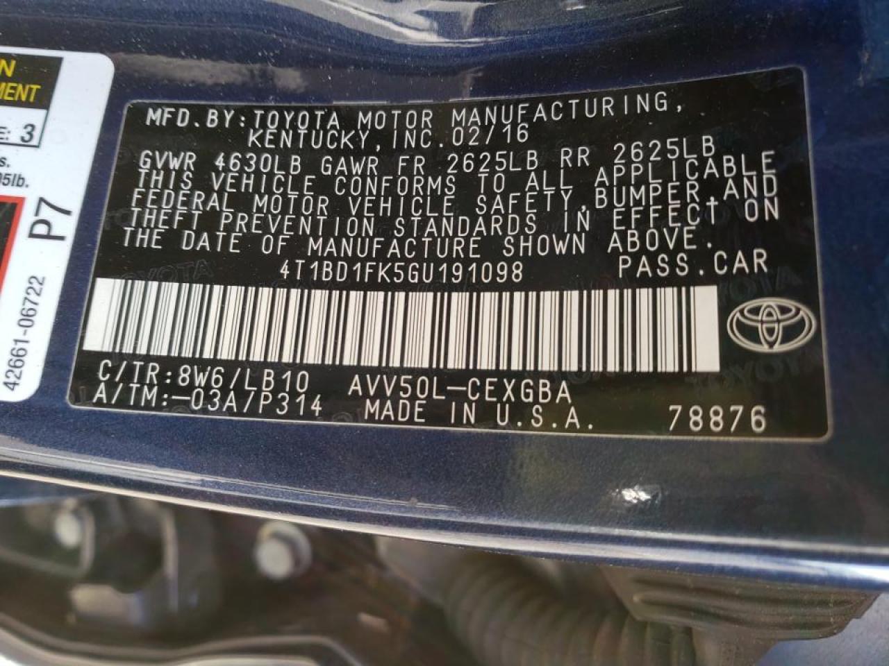 Photo 10 from auction – 2016 TOYOTA CAMRY HYBR with VIN 4T1BD1FK5GU191098