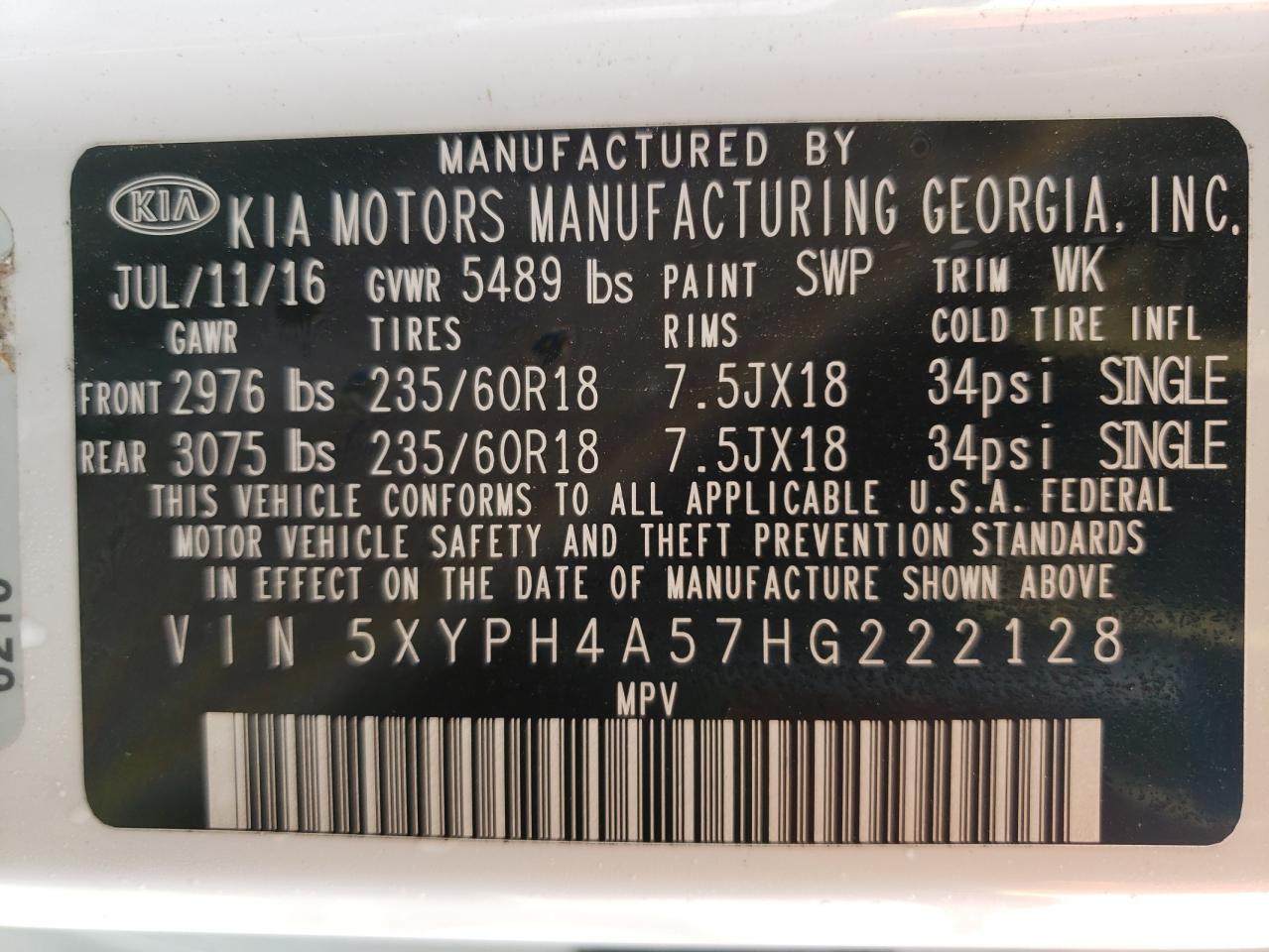 Photo 10 from auction – 2017 KIA SORENTO EX with VIN 5XYPH4A57HG222128