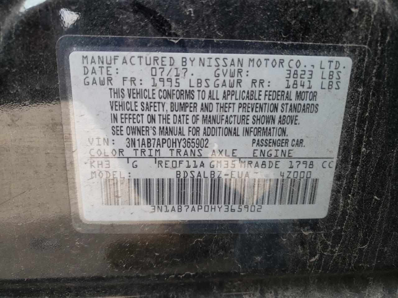 Photo 10 from auction – 2017 NISSAN SENTRA S with VIN 3N1AB7AP0HY365902