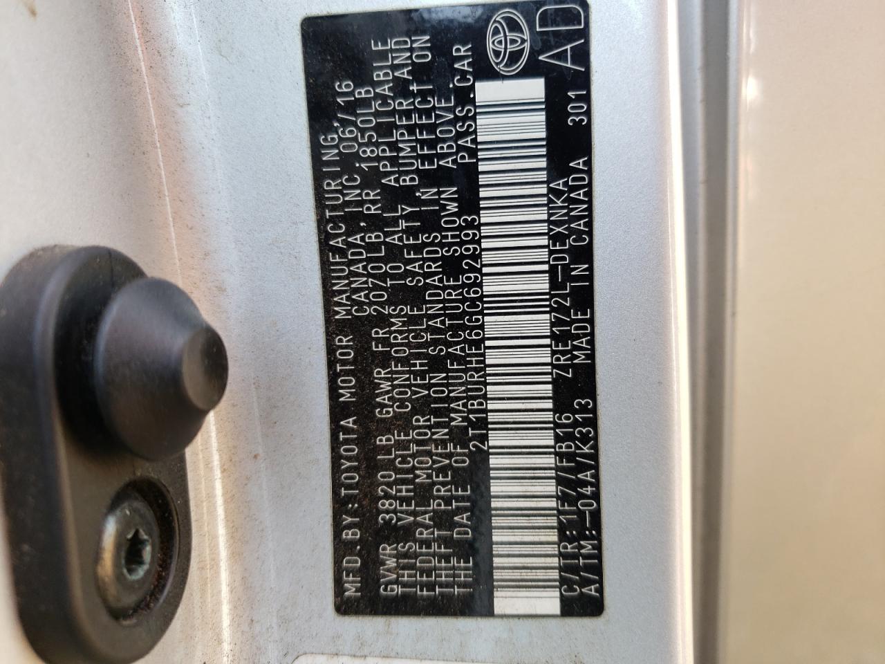 Photo 10 from auction – 2016 TOYOTA COROLLA L with VIN 2T1BURHE6GC692993