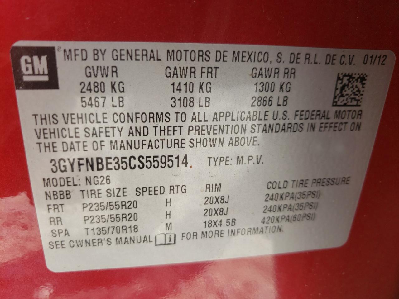 Photo 10 from auction – 2012 CADILLAC SRX PERFOR with VIN 3GYFNBE35CS559514