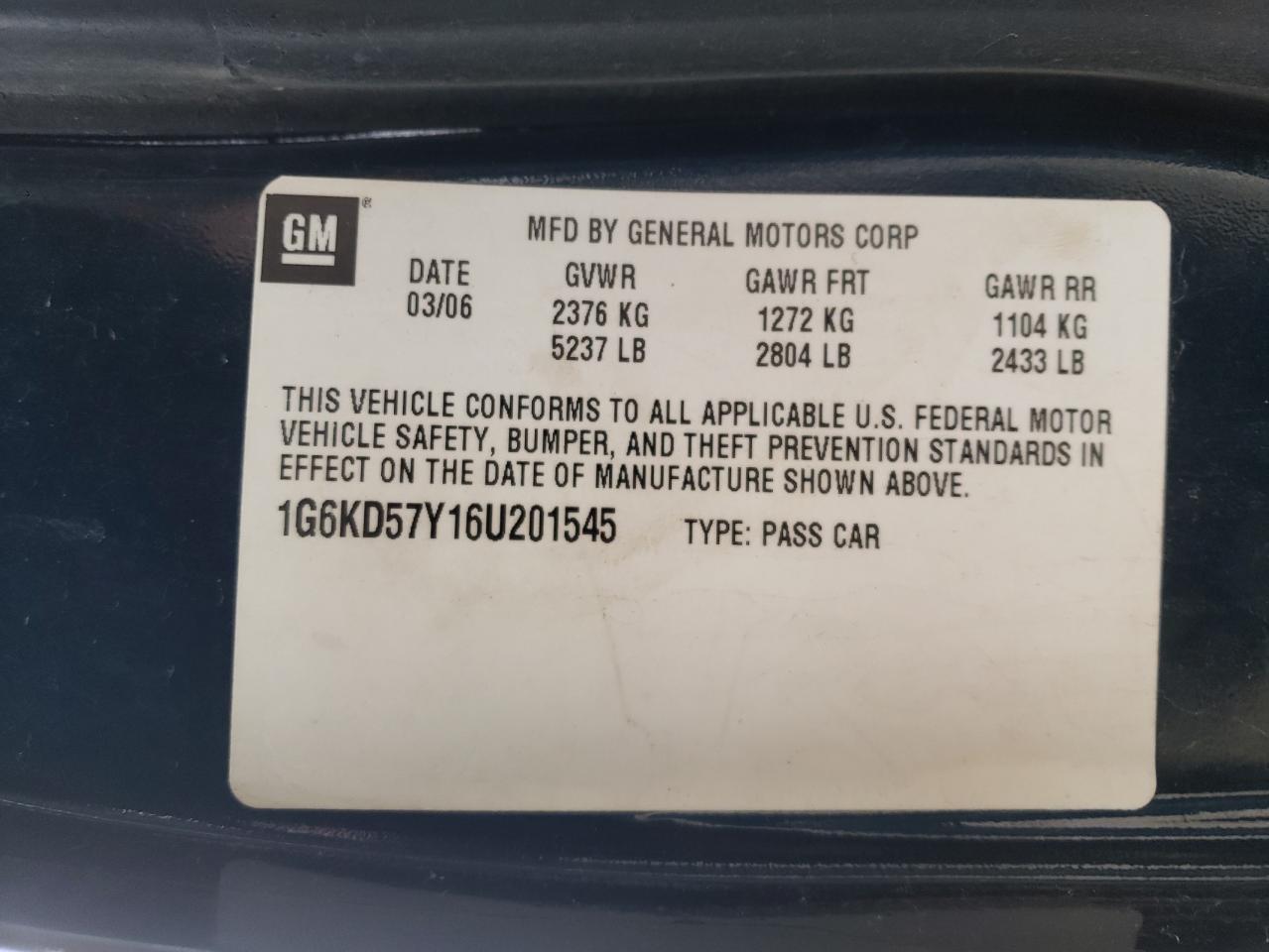 Photo 10 from auction – 2006 CADILLAC DTS with VIN 1G6KD57Y16U201545