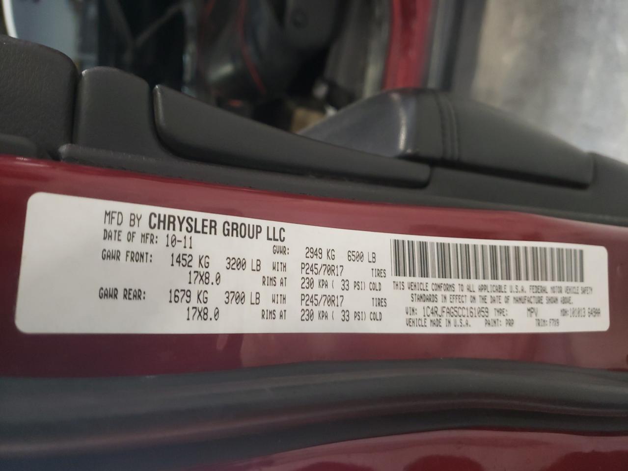 Photo 10 from auction – 2012 JEEP GRAND CHER with VIN 1C4RJFAG5CC161059