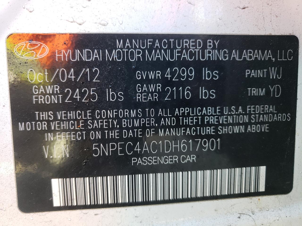 Photo 10 from auction – 2013 HYUNDAI SONATA SE with VIN 5NPEC4AC1DH617901