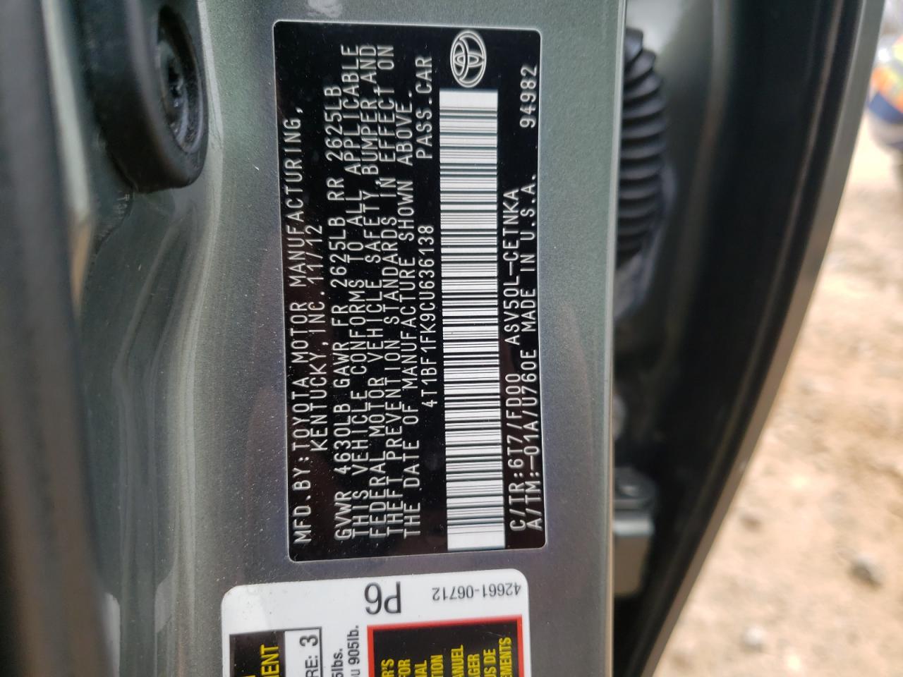 Photo 10 from auction – 2012 TOYOTA CAMRY BASE with VIN 4T1BF1FK9CU636138