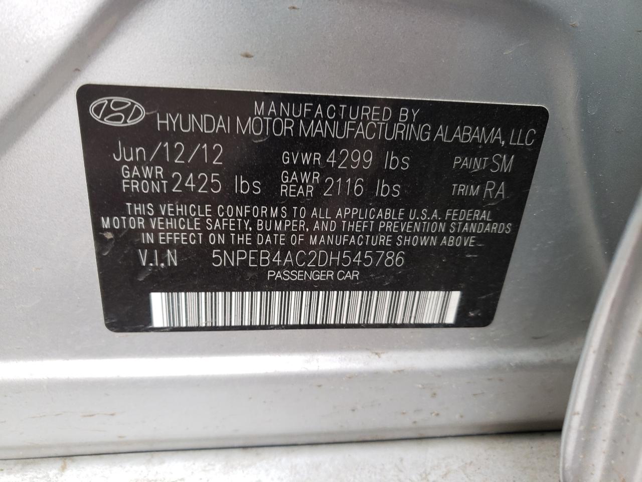 Photo 10 from auction – 2013 HYUNDAI SONATA GLS with VIN 5NPEB4AC2DH545786