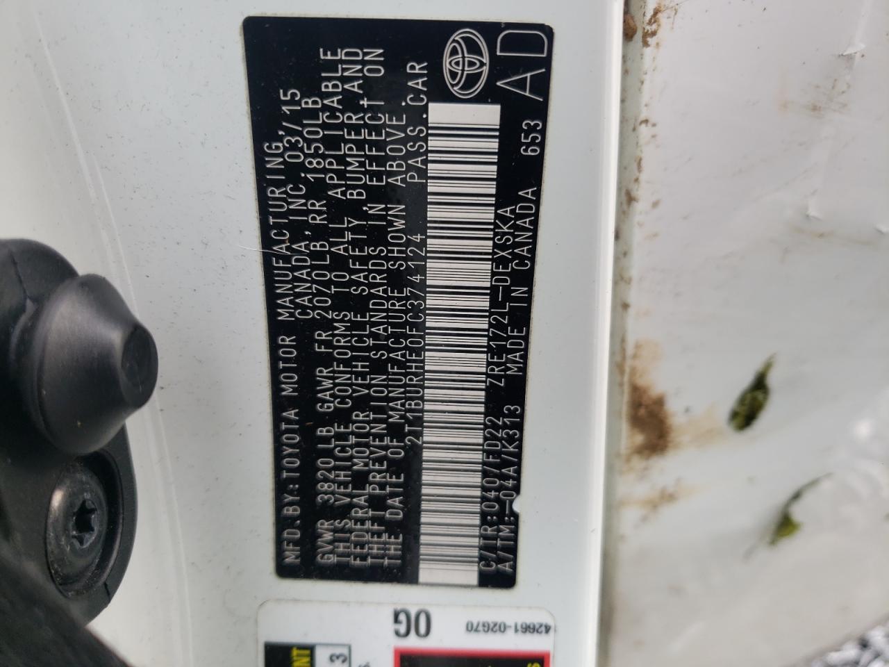 Zdjęcie 10 z aukcji – 2015 TOYOTA COROLLA L z VIN 2T1BURHE0FC374124