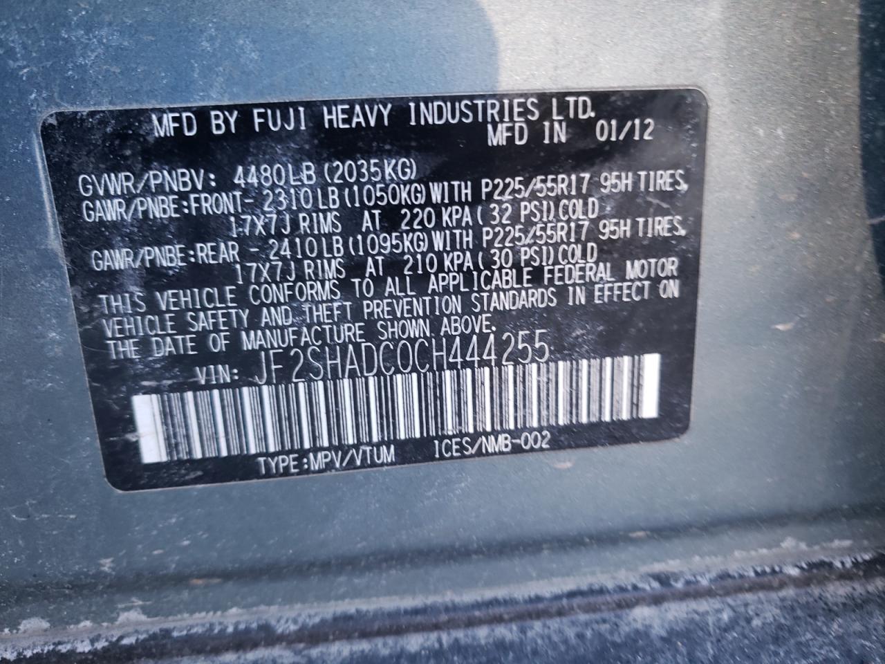 Photo 10 from auction – 2012 SUBARU FORESTER 2 with VIN JF2SHADC0CH444255