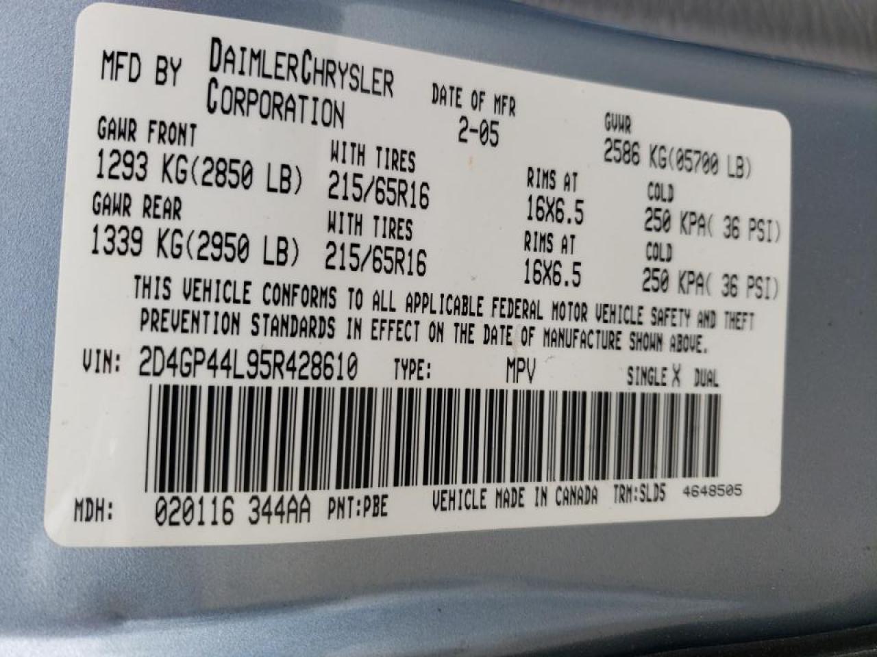 Photo 10 from auction – 2005 DODGE GRAND CARA with VIN 2D4GP44L95R428610