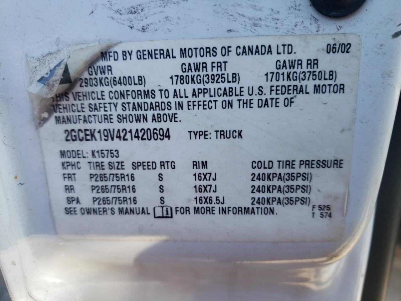 Photo 10 from auction – 2002 CHEVROLET SILVERADO with VIN 2GCEK19V421420694