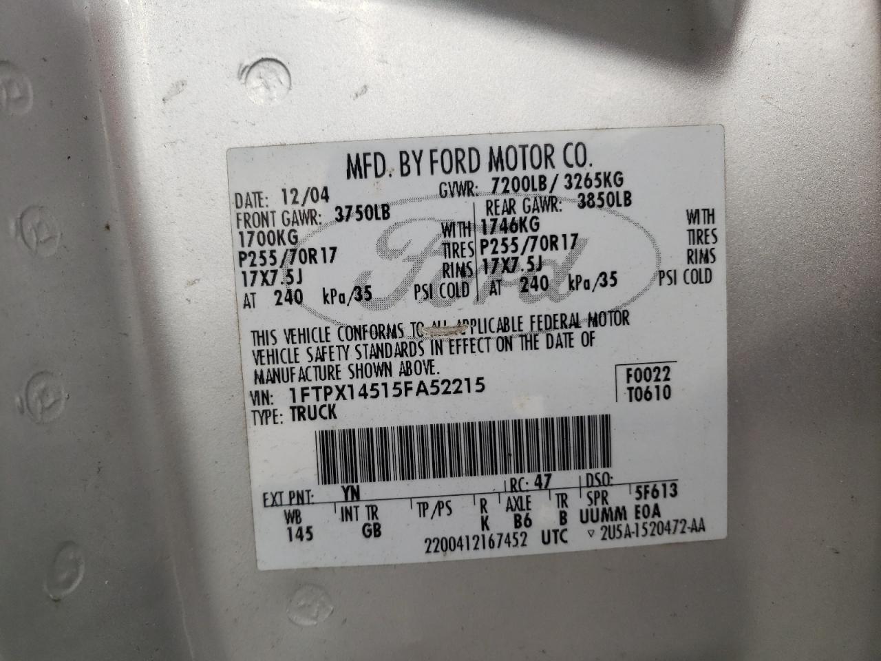 Photo 10 from auction – 2005 FORD F150 with VIN 1FTPX14515FA52215