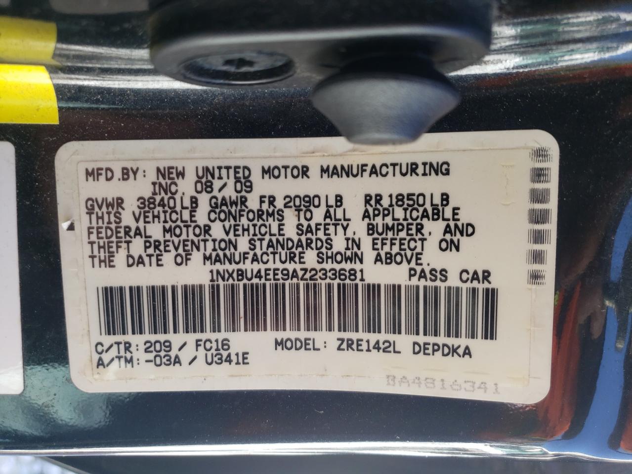 Photo 10 from auction – 2010 TOYOTA COROLLA BA with VIN 1NXBU4EE9AZ233681