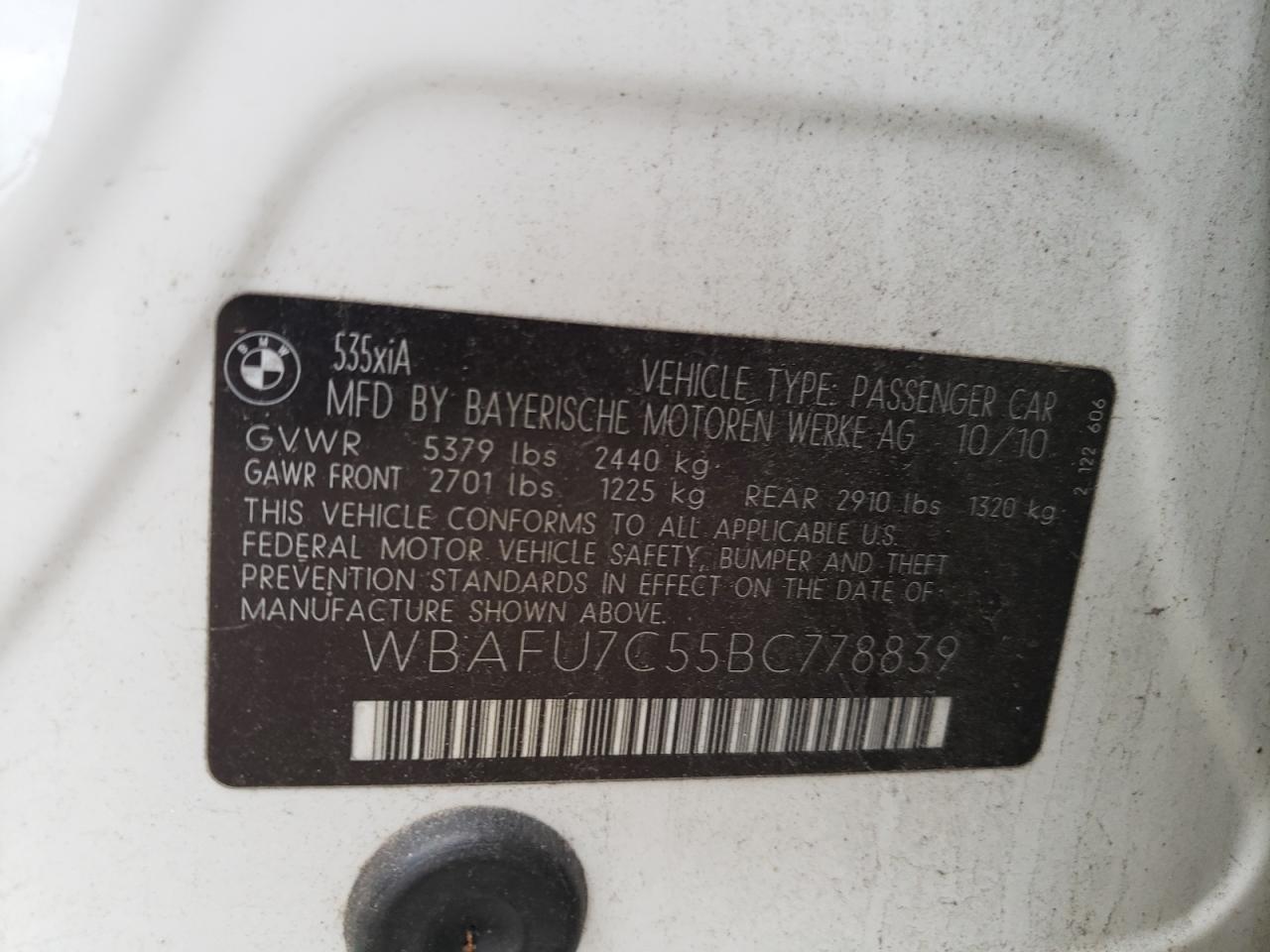 Photo 10 from auction – 2011 BMW 535 XI with VIN WBAFU7C55BC778839