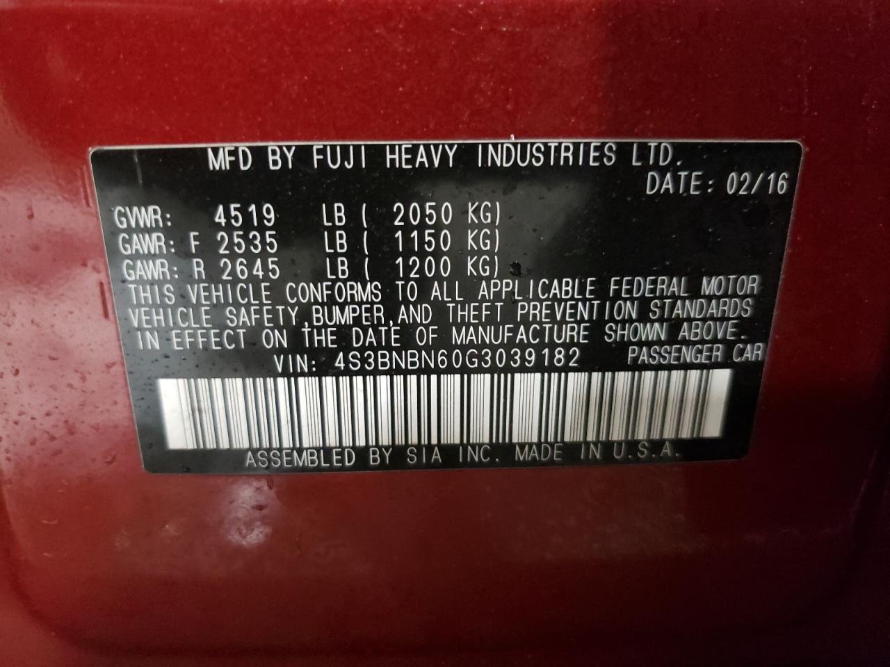 Photo 10 from auction – 2016 SUBARU LEGACY 2.5 with VIN 4S3BNBN60G3039182